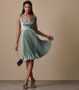 REISS ALICIA KNIFE-PLEAT MIDI DRESS AQUAMARINE ~ blue pleated high-shine party dresses ~ metallic