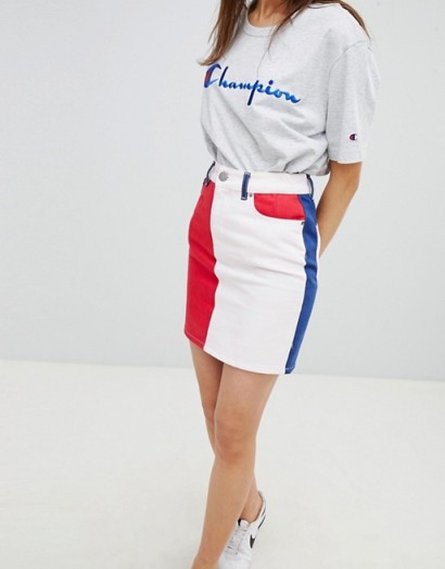 ASOS DESIGN denim original skirt in colourblock | red, white and blue colour-block skirts