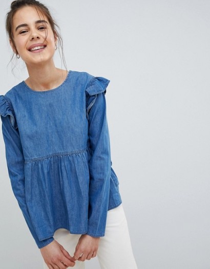 ASOS DESIGN denim tiered smock top in midwash blue | smocked ruffle trimmed tops