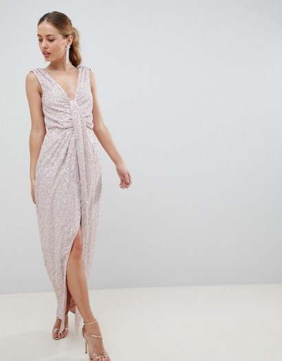 ASOS DESIGN Drape Knot Front Embellished Maxi Dress | nude sequin plunge front evening dresses