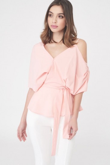 LAVISH ALICE asymmetric off the shoulder top – blush pink cold shoulder tops