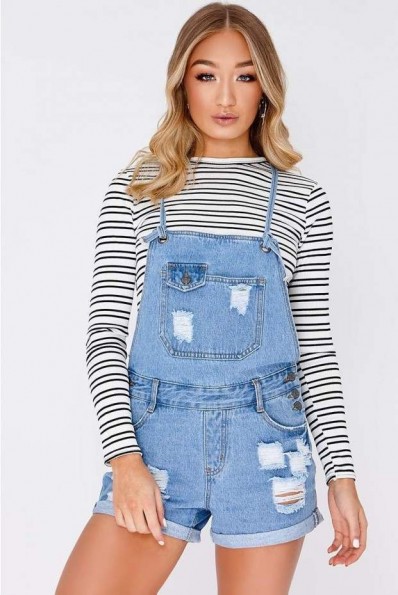 BEYZA LIGHT WASH POCKET FRONT DISTRESSED DUNGAREES | short denim overalls