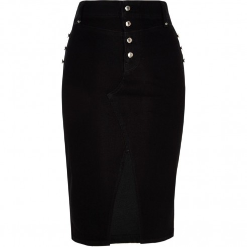 River Island Black corset pencil denim skirt | front slit skirts