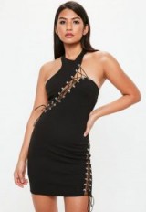 MISSGUIDED black halterneck eyelet detail bodycon dress – lace up lbd – halter party dresses