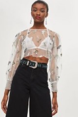 TOPSHOP Botanical Embroidered Mesh Top / sheer floral cropped blouses