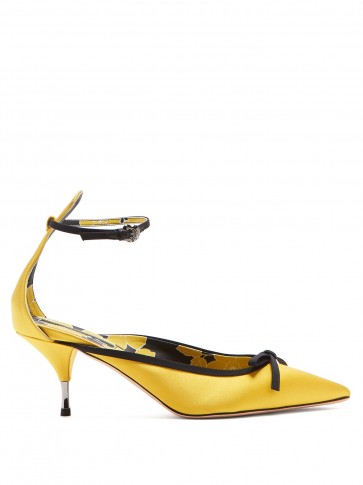 ROCHAS Bow-embellished yellow satin pumps ~ pointy toes ~ kitten heels