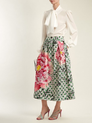 MARY KATRANTZOU Bowles high-waist printed floral skirt ~ green gathered waist midi skirts