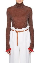 CHLOÉ Ruffled-Cuff Rib-Knit Silk-Blend Turtleneck Top ~ metallic thread knitwear