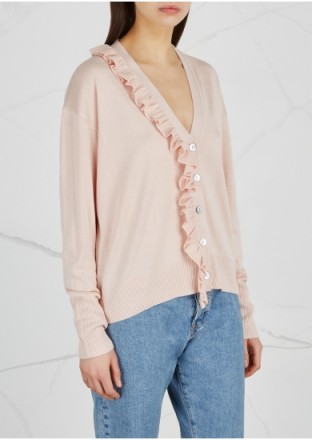 CINQ À SEPT Gaetana ruffled-trimmed silk-blend cardigan ~ pale pink ruffle trim cardigans ~ luxe knitwear