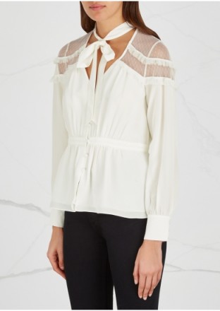 CINQ À SEPT Peyton ivory silk blouse ~ sheer shoulder tie neck blouses