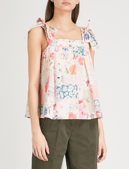 CLAUDIE PIERLOT Floral print cotton top – pink shoulder tie tops