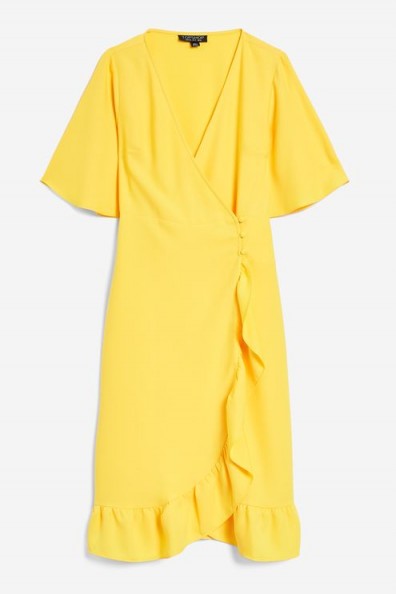 TOPSHOP Yellow Crepe Ruffle Midi Wrap Dress