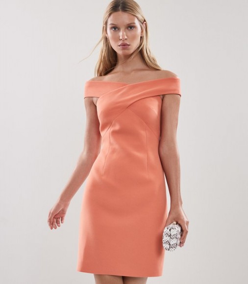 REISS DARINA BARDOT BODYCON DRESS APRICOT ~ off shoulder party dresses