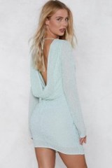 Nasty Gal Drop Back Beaded Dress – mint green embellished cowl back party dresses