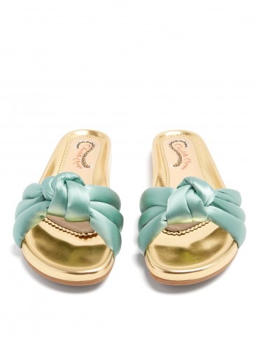 CHARLOTTE OLYMPIA Dylan knot-detail satin slides ~ luxe blue and gold summer flats