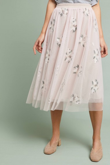 Eri + Ali Embroidered Tulle Midi Skirt ~ feminine semi sheer cream skirts