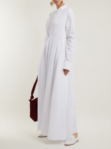 JIL SANDER Entertainment pleated cotton shirtdress ~ long white front pleat shirt dresses ~ effortless style