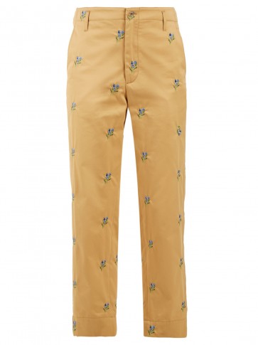 GOLDEN GOOSE DELUXE BRAND Floral-embroidered straight-leg twill trousers ~ casual luxe pants