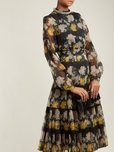 ROCHAS Floral-print pleated silk-organza midi dress ~ feminine open-back dresses