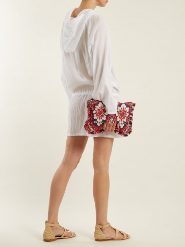 LA DOUBLEJ EDITIONS Floral-print ruffle-trimmed pouch ~ large red, white and blue clutch ~ wrist strap bags