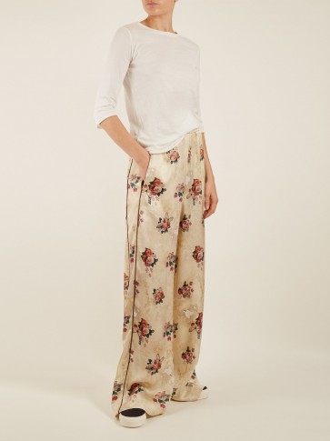 GOLDEN GOOSE DELUXE BRAND Floral-print wide-leg satin trousers ~ sports luxe rose printed pants