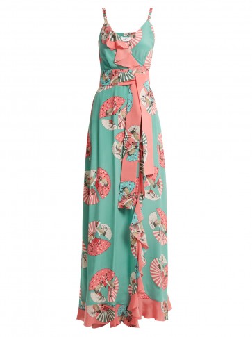 RACIL Green and Pink Geisha fan-print silk wrap dress