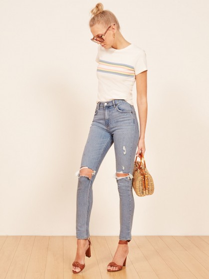 Reformation Hepburn High Skinny Jean in Ibiza | light blue distressed denim | ripped skinnies