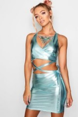 Kat Cross Tie Waist Holographic Bodycon Dress / shiny blue dresses