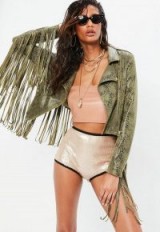 Missguided khaki snake fringe faux suede biker jacket – green fringed jackets