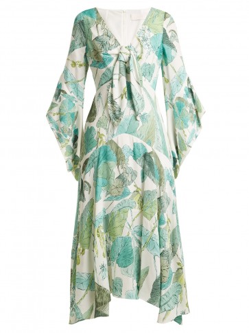 PETER PILOTTO Leaf-print tie-front crepe dress ~ fluted sleeve dresses ~ fluid floaty design