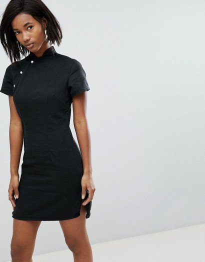 Liquor N Poker Mandarin Black Denim Dress with Eyelet | oriental inspiration