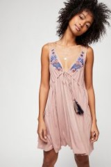 FREE PEOPLE Lovers Cove Mini Dress in Toasted Mink | pink plunging drawstring beach dresses