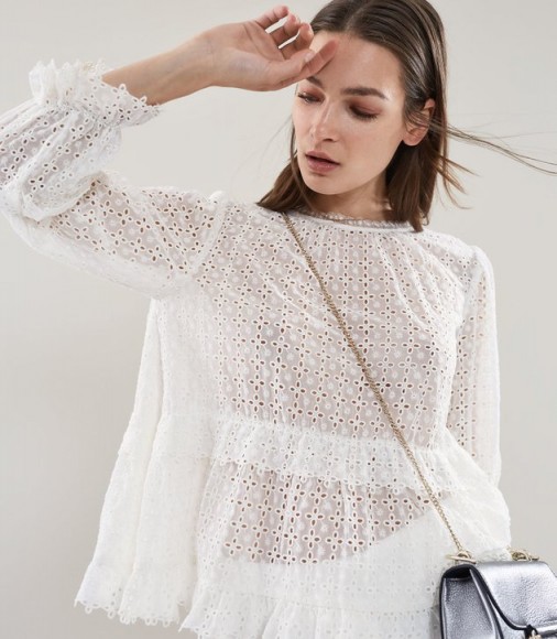 REISS MADIE BROIDERIE ANGLAISE TOP WHITE ~ semi sheer frill trim blouses