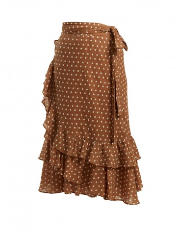 LEE MATHEWS Maisee polka dot-print cotton wrap skirt ~ brown and white spot print ruffle trim skirts