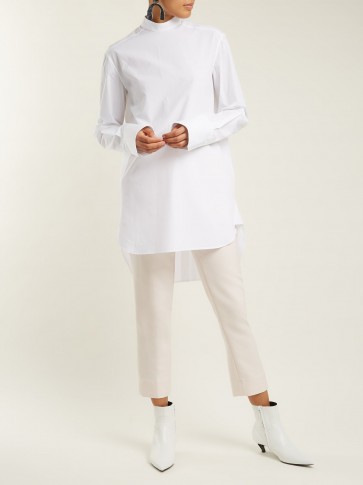 SUMMA Mandarin-collar cotton-poplin shirt ~ contemporary high-neck dip-hem shirts ~ back button fastening
