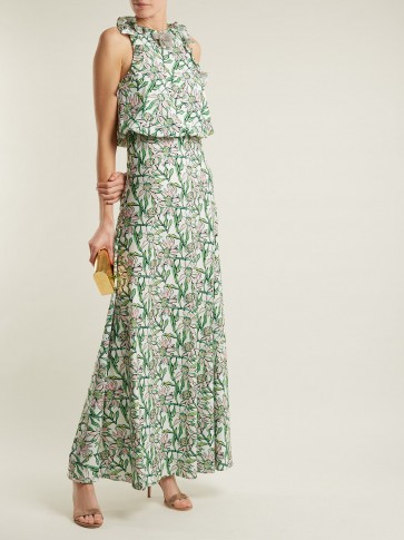 DODO BAR OR Mariangela floral-print crepe dress ~ long sleeveless ruffle trim dresses ~ green and pink summer event wear