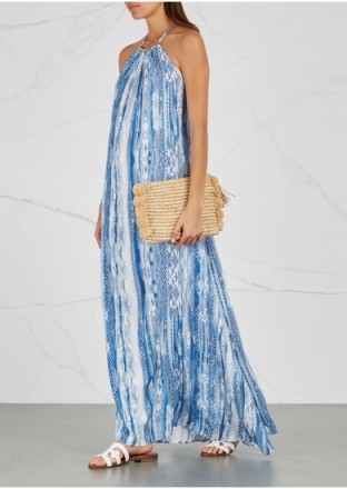 MELISSA ODABASH Sonia blue snake-print jersey maxi dress ~ long halterneck dresses ~ vacation evening wear