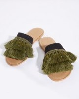 JIGSAW MINZE FRINGE SLIDERS KHAKI / green tasseled flats