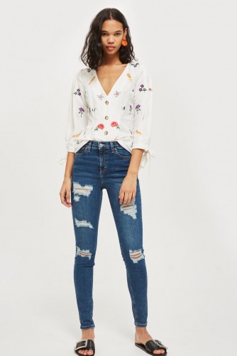 MOTO Rich Blue Super Ripped Jeans | distressed blue skinny denim