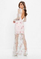 Missguided nude embroidered lace long sleeve maxi dress – long semi sheer scoop back dresses