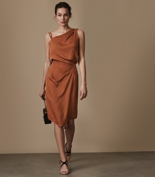 REISS OSTIA ONE-SHOULDER COCKTAIL DRESS NUTMEG ~ draped asymmetric evening dresses