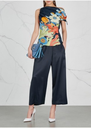 PETER PILOTTO Navy floral-print satin top ~ asymmetric neckline tops