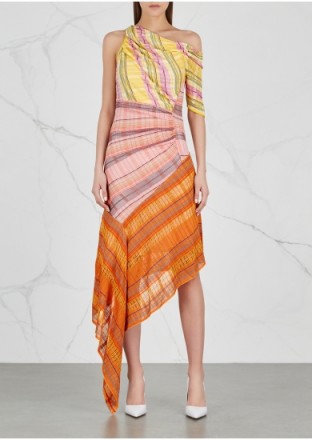 PETER PILOTTO One-shoulder asymmetric knitted midi dress ~ mixed check print dresses ~ stylish knitwear