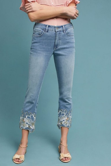 Pilcro Embroidered High-Rise Cropped Bootcut Jeans | floral hems | light blue denim