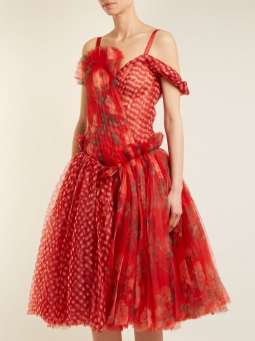 ALEXANDER MCQUEEN Pleated floral-print and checked organza dress | checks and florals | red floaty event wear