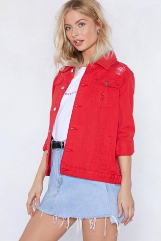 Nasty Gal Pound the Alarm Denim Jacket | distressed red jackets