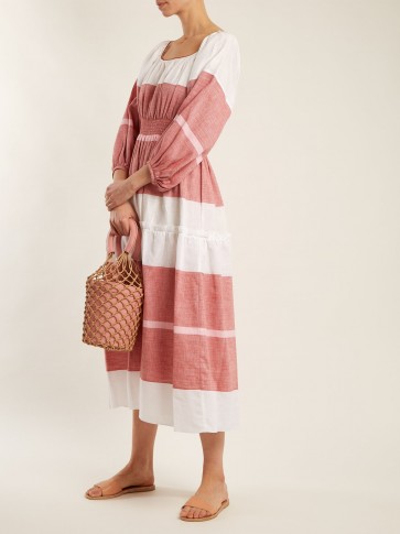 GÜL HÜRGEL Puff-sleeved striped linen-blend dress ~ red and white stripe peasant style dresses ~ summer vacation wardrobe