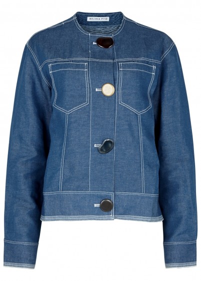 REJINA PYO Erin contrast-stitch cotton-blend jacket ~ blue contemporary collarless jackets