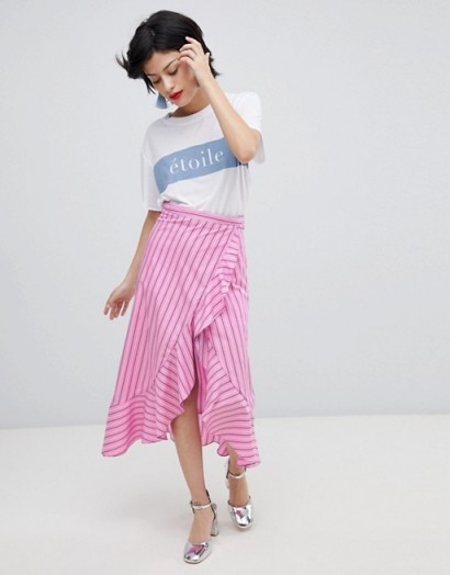 River Island Stripe Ruffle Front Midi Skirt ~ pink wrap style skirts