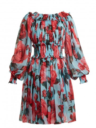 DOLCE & GABBANA Rose-print chiffon dress / gathered floral dresses
